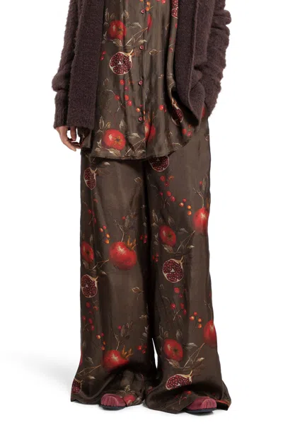 Uma Wang Wide-leg Pansy Pants With Contrasting Pomegranate Design In Brown
