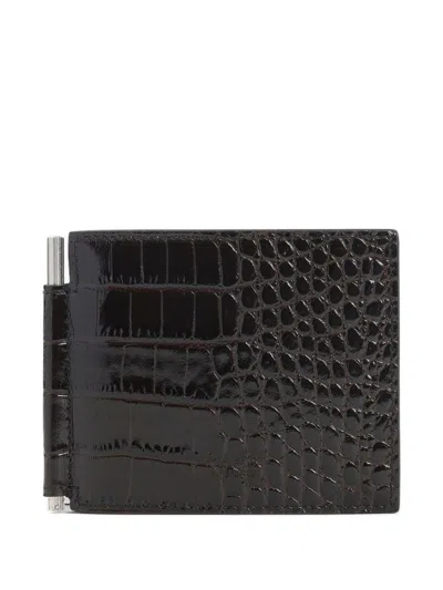 Tom Ford Crocodile Embossed Bi-fold Wallet Clip In Black