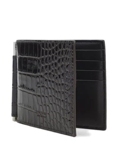 Tom Ford Crocodile Embossed Bi-fold Wallet Clip In Black