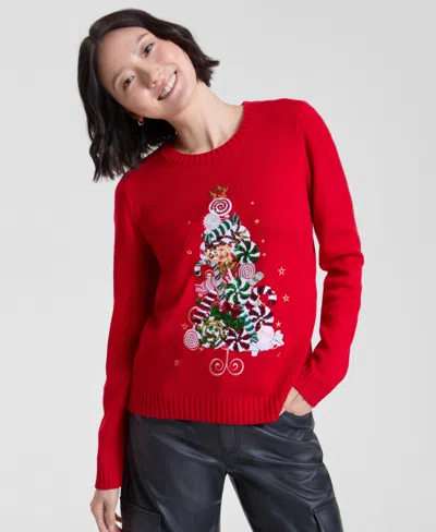 Holiday Lane Petite Candy Tree Crewneck Sweater, Macy's Exclusive In Red