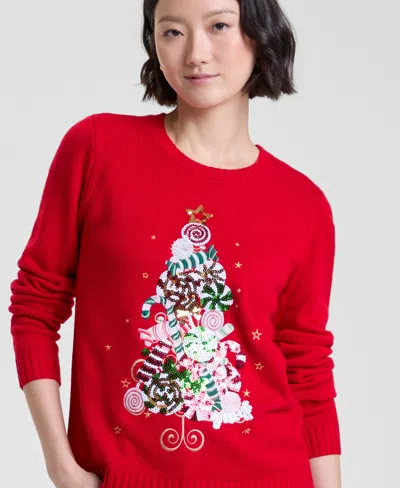 Holiday Lane Petite Candy Tree Crewneck Sweater, Macy's Exclusive In Red