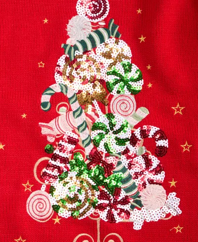 Holiday Lane Petite Candy Tree Crewneck Sweater, Macy's Exclusive In Red
