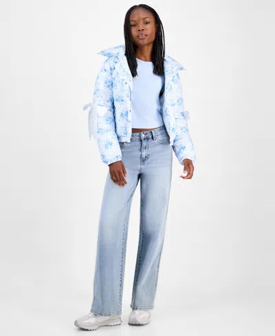 Madden Girl Juniors' Printed Bow-trim Puffer Jacket In Blue