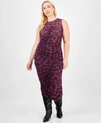 Bar Iii Trendy Plus Plaid Asymmetric-ruching Top, Macy's Exclusive In Burgundy