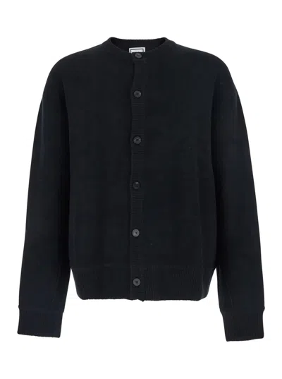 Wooyoungmi Black Crewneck Cardigan With Logo Patch On The Rear And Ribbed Trims In Wool Blend Man In Black