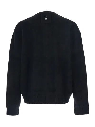 Wooyoungmi Black Crewneck Cardigan With Logo Patch On The Rear And Ribbed Trims In Wool Blend Man In Black