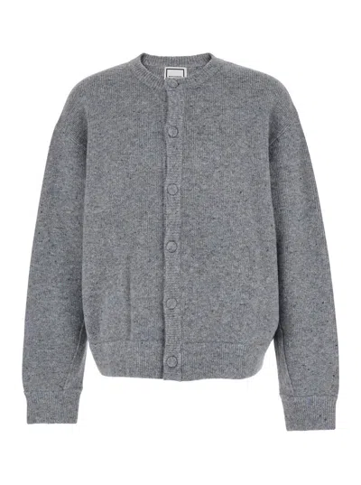 Wooyoungmi Grey Crewneck Cardigan With Logo Detail On The Rear In Wool Blend Man In Gray