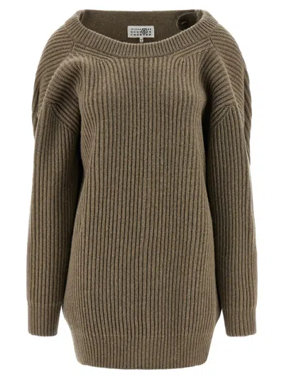 Mm6 Maison Margiela Oversized Wool Blend Sweater With Crew Neck In Brown