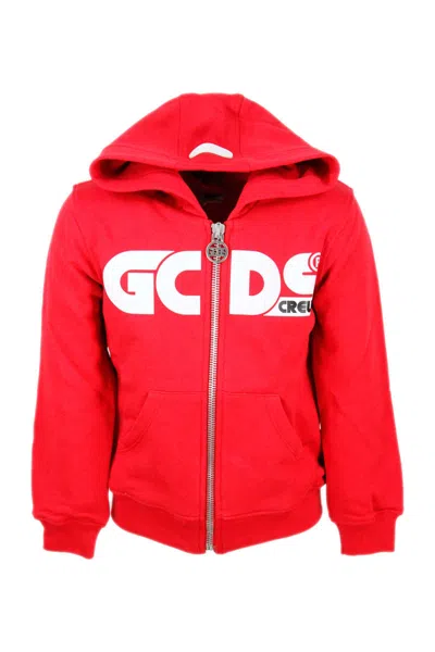 Gcds Hooded Sweatshirt With Zip And Fluo Writing In Red