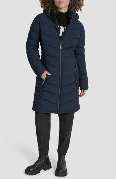 Dkny Cire Packable Hooded Longline Puffer Jacket In Blue