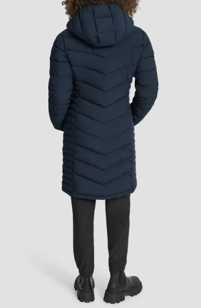 Dkny Cire Packable Hooded Longline Puffer Jacket In Blue