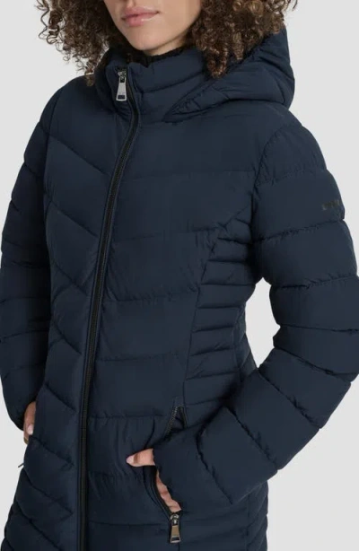 Dkny Cire Packable Hooded Longline Puffer Jacket In Blue