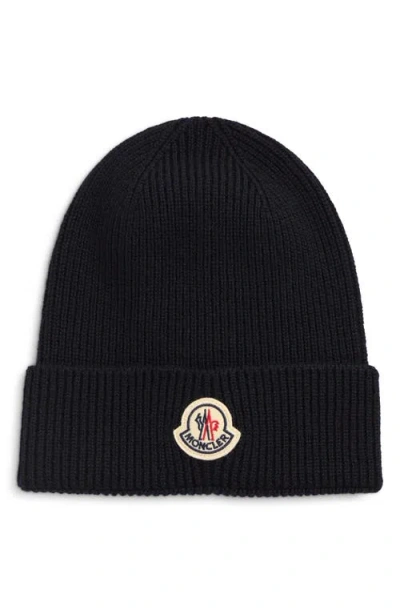 Moncler Ribbed Texture Wool Hat Winter Style In Black
