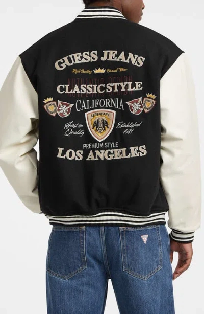 Guess Jeans Letterman Varsity Bomber Jacket In Black