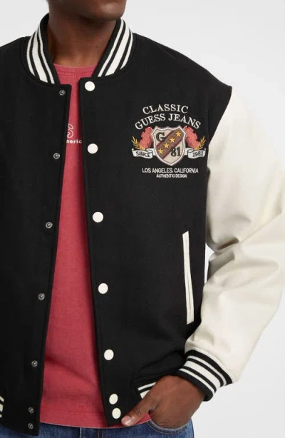 Guess Jeans Letterman Varsity Bomber Jacket In Black