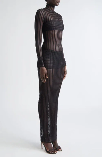 Laquan Smith Stripe Long Sleeve Open Back Maxi Dress In Black