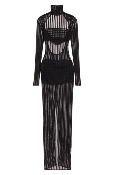 Laquan Smith Stripe Long Sleeve Open Back Maxi Dress In Black