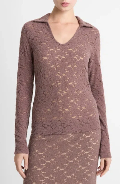Vince Lace Long Sleeve Polo Top In Neutral