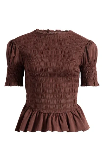 Reformation Aggie Smocked Ruffle Hem Top In Brown