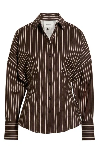 Reformation Vanta Stripe Stretch Poplin Button-up Shirt In Brown