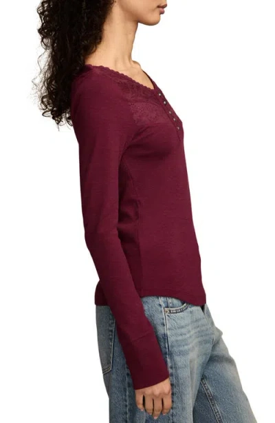 Lucky Brand Lace Yoke Cotton Henley In Burgundy