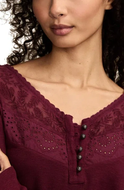 Lucky Brand Lace Yoke Cotton Henley In Burgundy