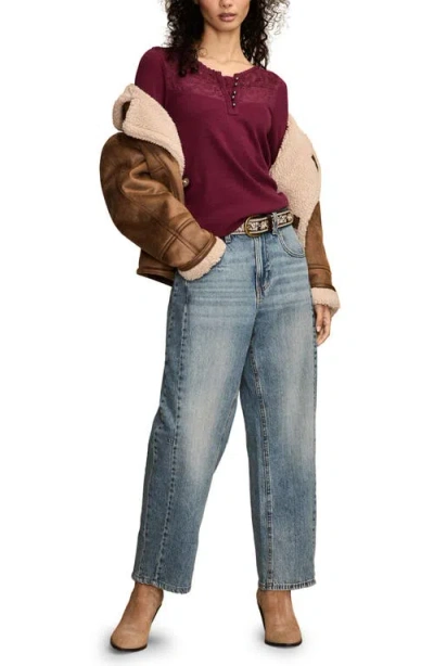 Lucky Brand Lace Yoke Cotton Henley In Burgundy