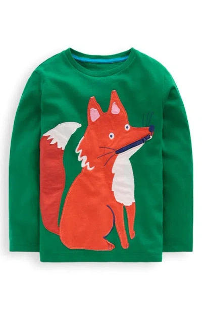 Mini Boden Kids' Fox Appliqué Long Sleeve Cotton Pocket T-shirt In Green
