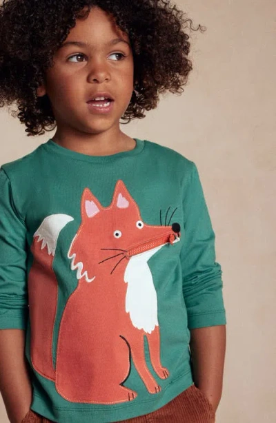 Mini Boden Kids' Fox Appliqué Long Sleeve Cotton Pocket T-shirt In Green