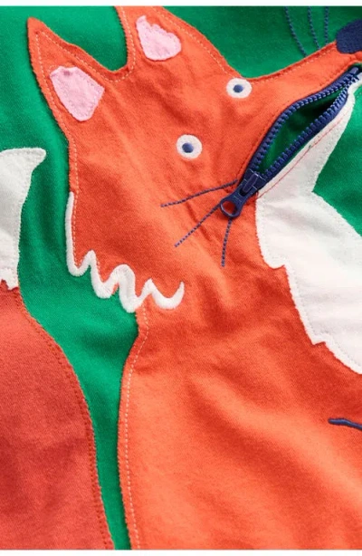 Mini Boden Kids' Fox Appliqué Long Sleeve Cotton Pocket T-shirt In Green