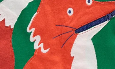 Mini Boden Kids' Fox Appliqué Long Sleeve Cotton Pocket T-shirt In Green