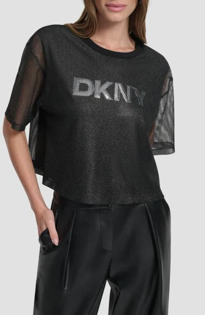 Dkny Women's Short Sleeve Mesh Overlay Logo Knit Top In Black
