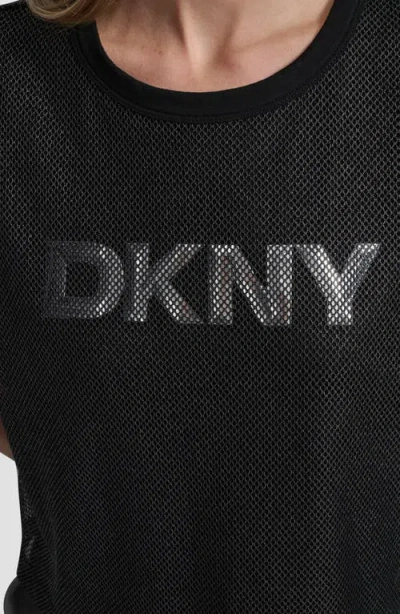 Dkny Women's Short Sleeve Mesh Overlay Logo Knit Top In Black