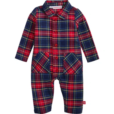 Magnetic Me Holiday Plaid Cotton Flannel Magnetic Romper In Blue