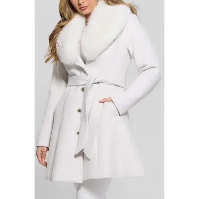 Guess Eve Belted Coat & Removable Faux Fur Collar In White