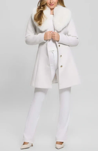 Guess Eve Belted Coat & Removable Faux Fur Collar In White