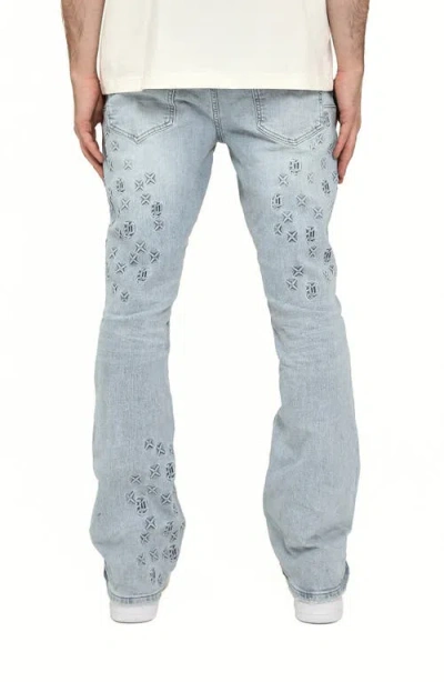 Purple Brand Flare Mono Embossed Jeans In Light Indigo In Blue