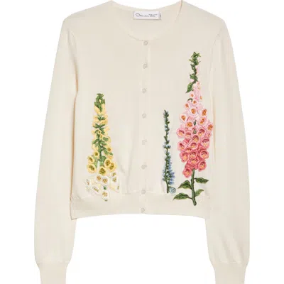 Oscar De La Renta Foxglove Embroidered Virgin Wool Cardigan In Neutral