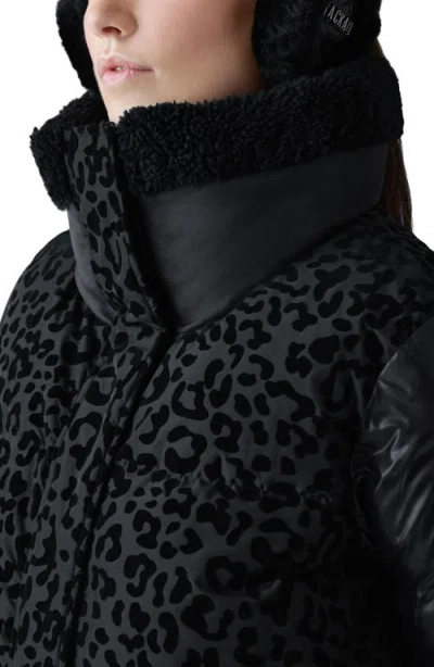 Mackage Lydana Leopard Pattern Down Jacket With Genuine Shearling Trim And Removable Bib In Black