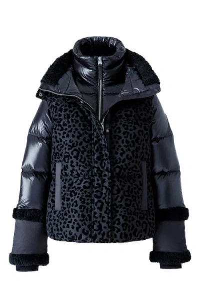 Mackage Lydana Leopard Pattern Down Jacket With Genuine Shearling Trim And Removable Bib In Black