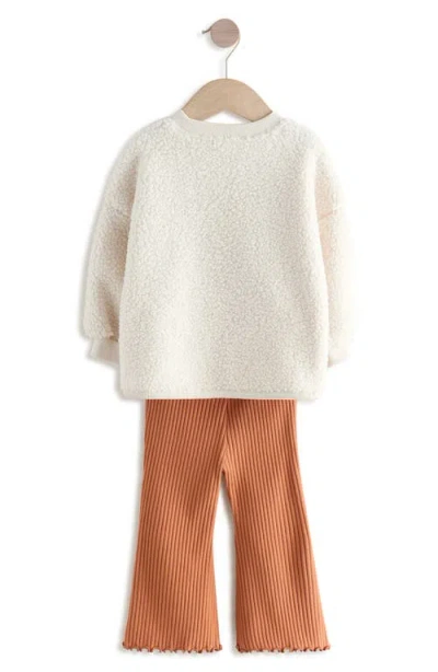 Next Kids' Fuzzy Fleece Sweatshirt & Rib Flare Leg Pants Set In White