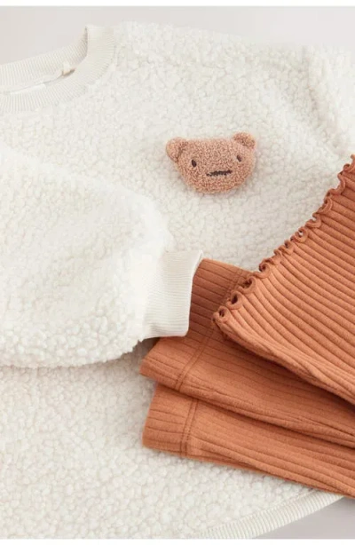 Next Kids' Fuzzy Fleece Sweatshirt & Rib Flare Leg Pants Set In White