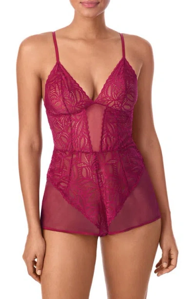 Dkny Women's Deco Lace Romper Chemise- Dk7559 In Burgundy