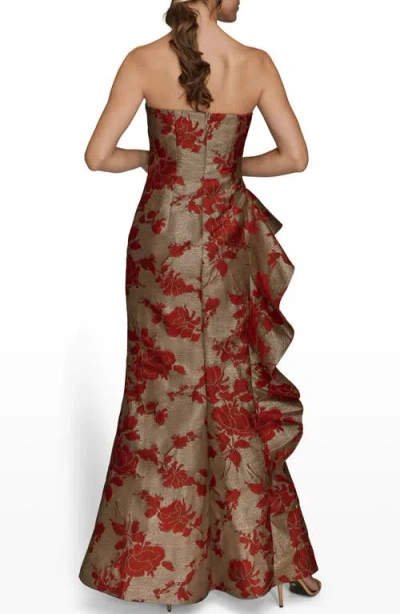 Donna Karan Women's Strapless Floral Gathered Ruffled Gown With Split Hem Dress In Burgundy