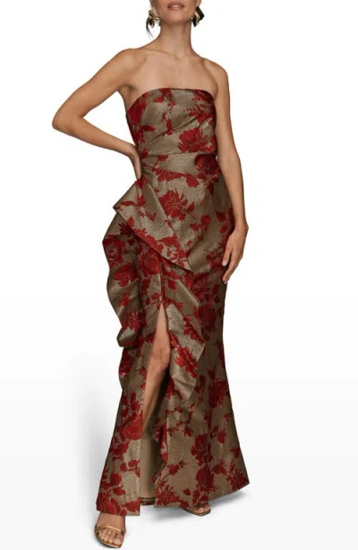 Donna Karan Women's Strapless Floral Gathered Ruffled Gown With Split Hem Dress In Burgundy
