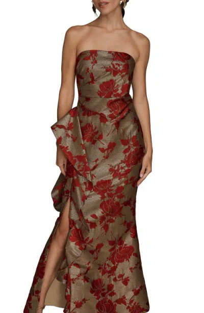 Donna Karan Women's Strapless Floral Gathered Ruffled Gown With Split Hem Dress In Burgundy