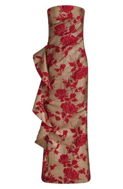 Donna Karan Women's Strapless Floral Gathered Ruffled Gown With Split Hem Dress In Burgundy