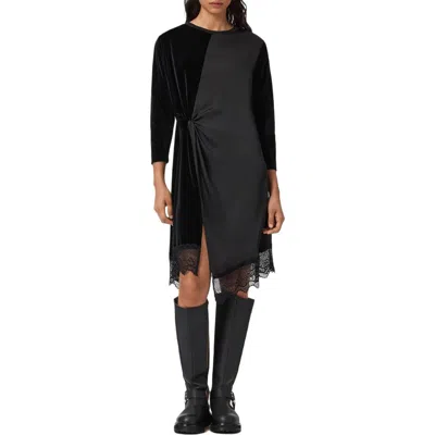 Allsaints Lana Lace Hem Velvet Dress In Black