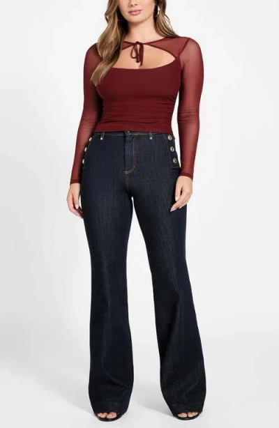 Guess Lauryn Long Sleeve Mesh Crop Top In Red