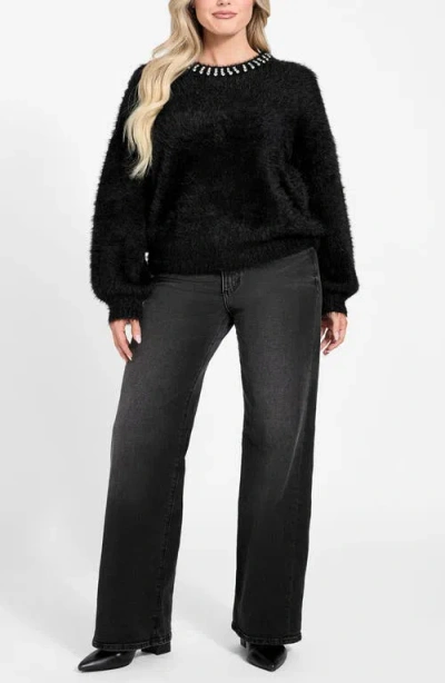 Guess Arisa Rhinestone Accent Crewneck Sweater In Black